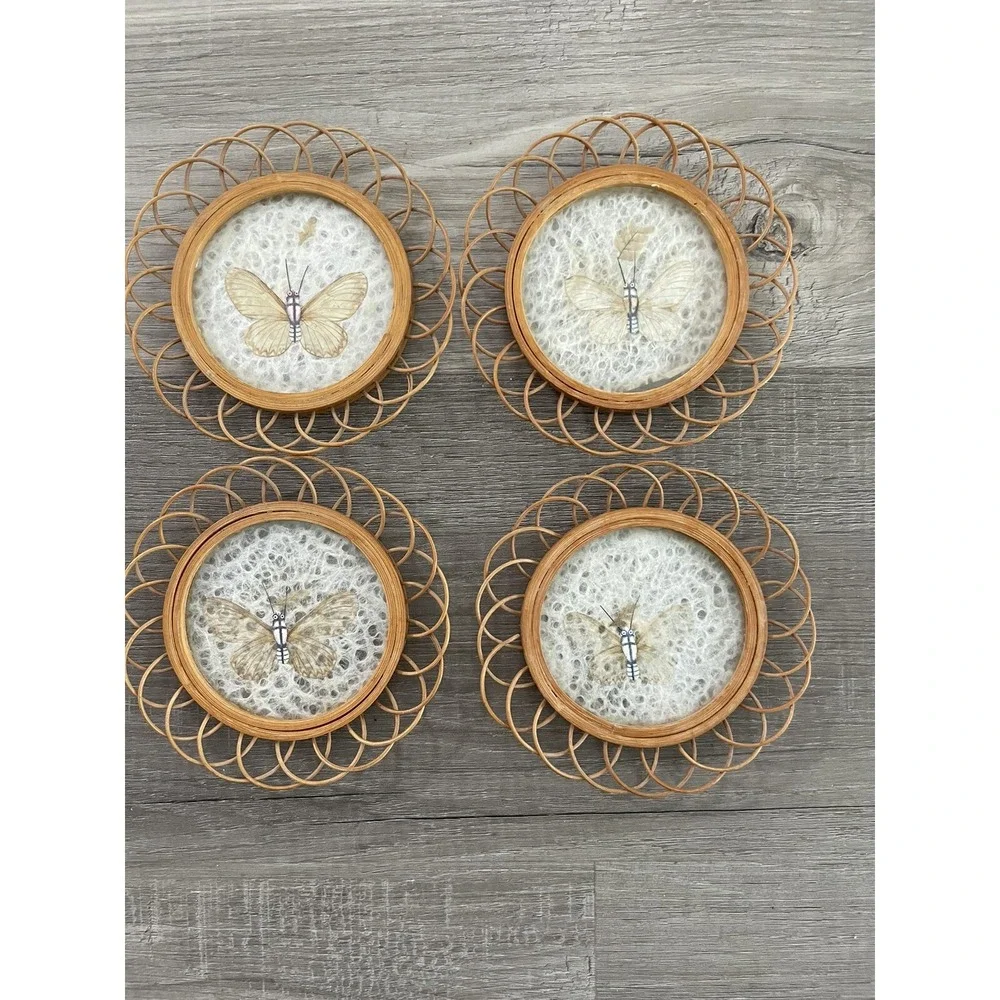 Vintage Pressed Butterfly Coasters Wicker Bamboo Boho Set Of 4‎